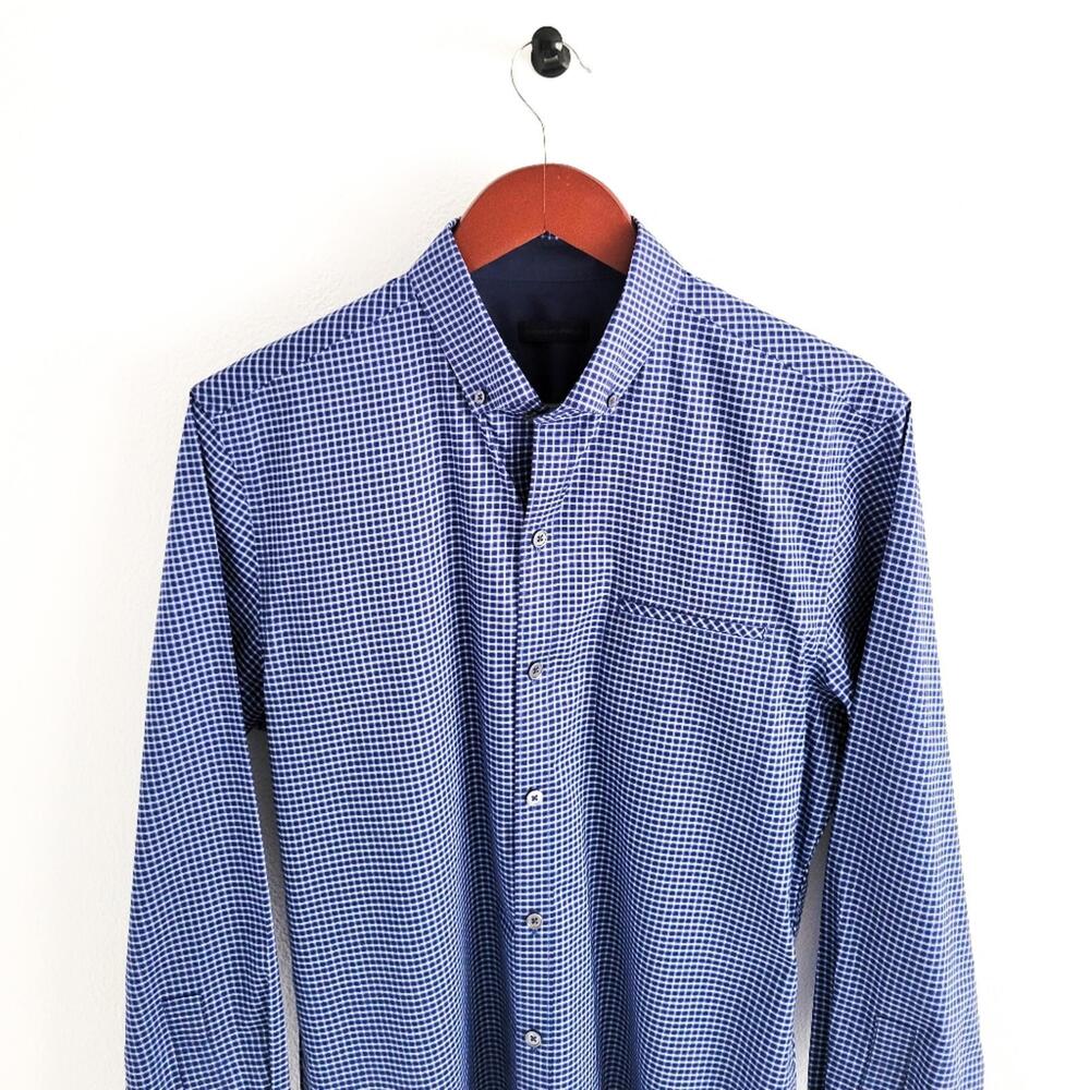 NEW Zachary Prell Micro Plaid Button Down Shirt Cotton Blue Mens S - Picture 4 of 9